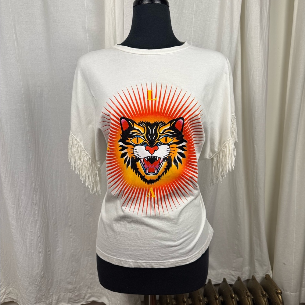 White Graphic Fringe Sleeve Top